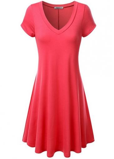 Rosewe V Neck Short Sleeve Red Dress