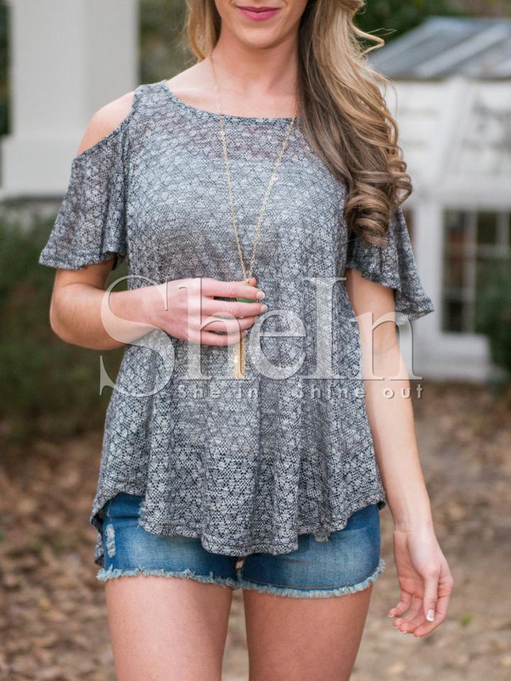Shein Light Grey Cold Shoulder Ruffle Hem Blouse