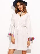 Shein White V Neck Buttons Tassel Cuff Dress