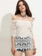 Shein White Crochet Hollow Out Off The Shoulder Eyelash Lace Blouse