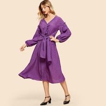 Shein Button Up Frill Trim Belted Dress