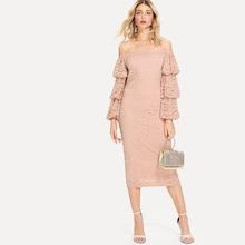 Shein Layered Sleeve Off Shoulder Lace Pencil Dress