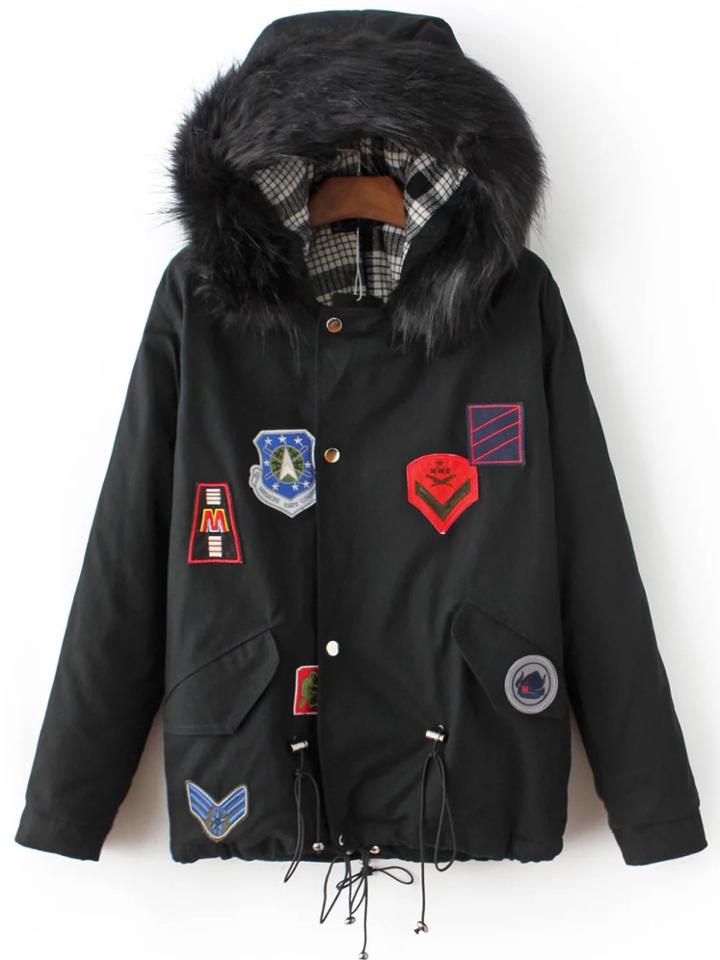 Shein Black Patch Embroidery Drawstring Hooded Coat
