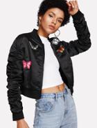 Shein Butterfly Embroidered Applique Shirred Sleeve Crop Jacket