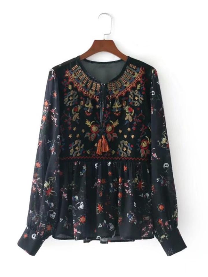 Shein Tassel Tie Embroidery Babydoll Blouse
