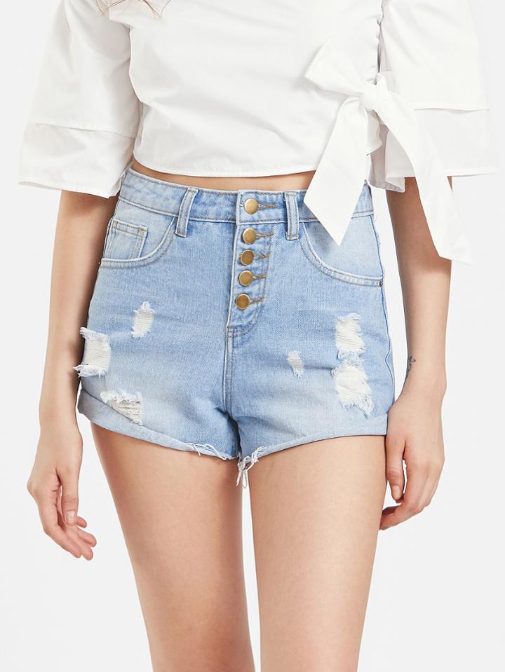Shein Buttoned Front Light Wash Roll Hem Denim Shorts