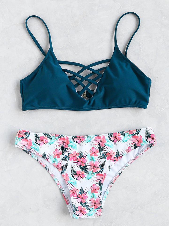 Shein Crisscross V Neck Top With Floral Bottom