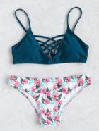Shein Crisscross V Neck Top With Floral Bottom