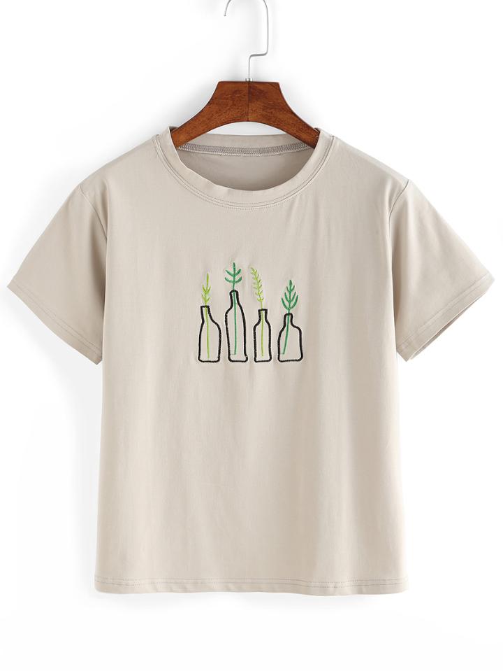 Shein Grey Plant Embroidered T-shirt