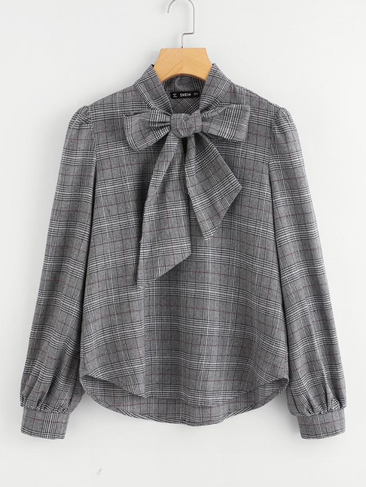 Shein Bow Tie Neck Plaid Blouse