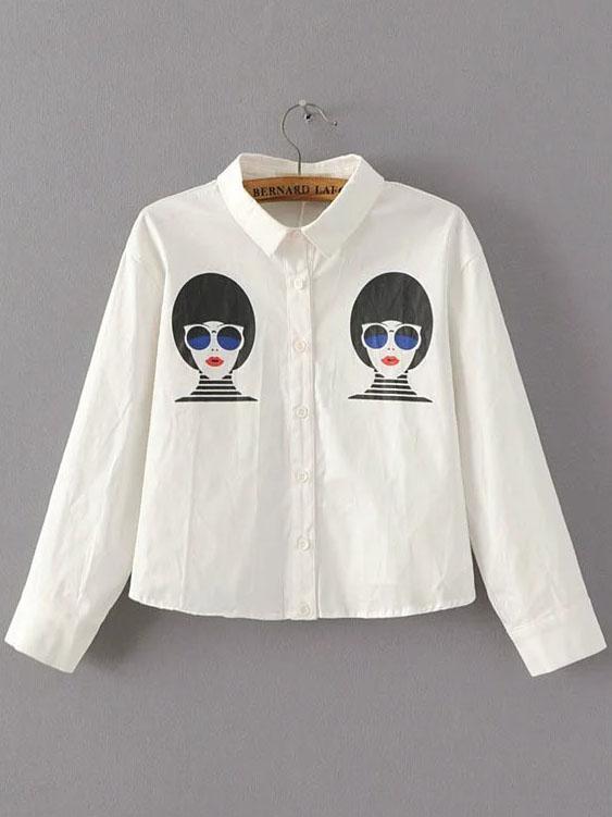 Shein White Girl Print Button Up Crop Blouse