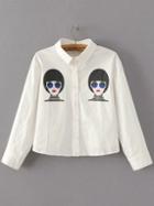 Shein White Girl Print Button Up Crop Blouse
