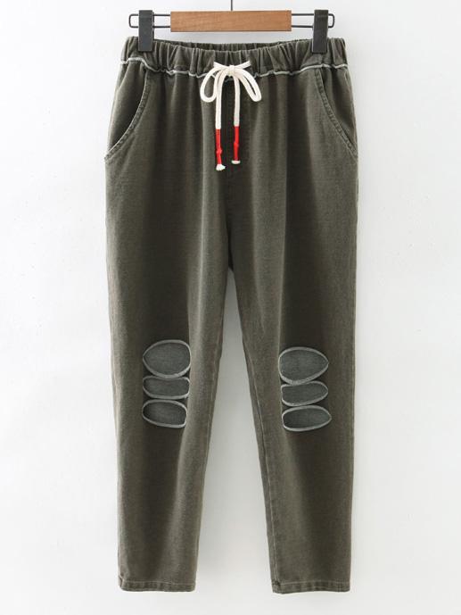 Shein Green Drawstring Waist Ripped Pants