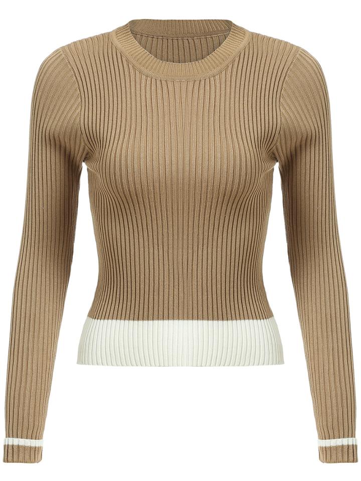 Shein Khaki Round Neck Slim Crop Knitwear
