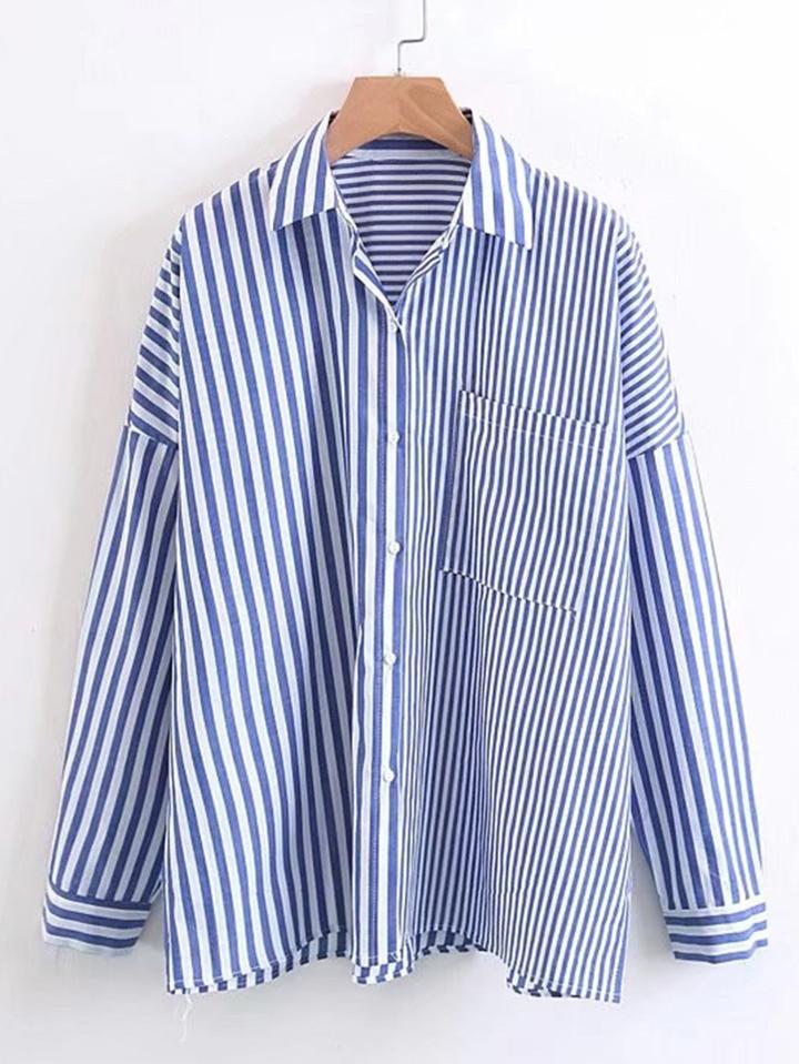 Shein Front Pocket Striped Blouse