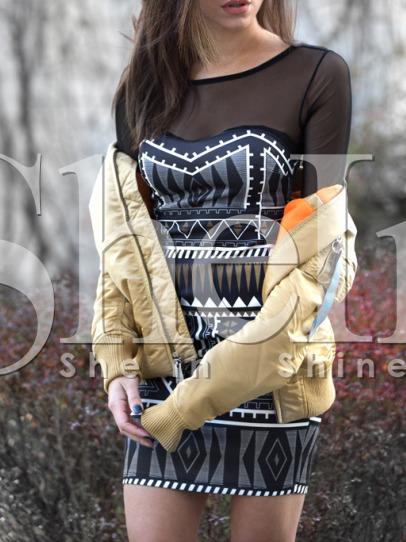 Shein Black Tribal Print Mesh Bodycon Dress
