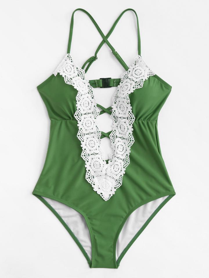 Shein Lace Trim Criss Cross Swimsuit