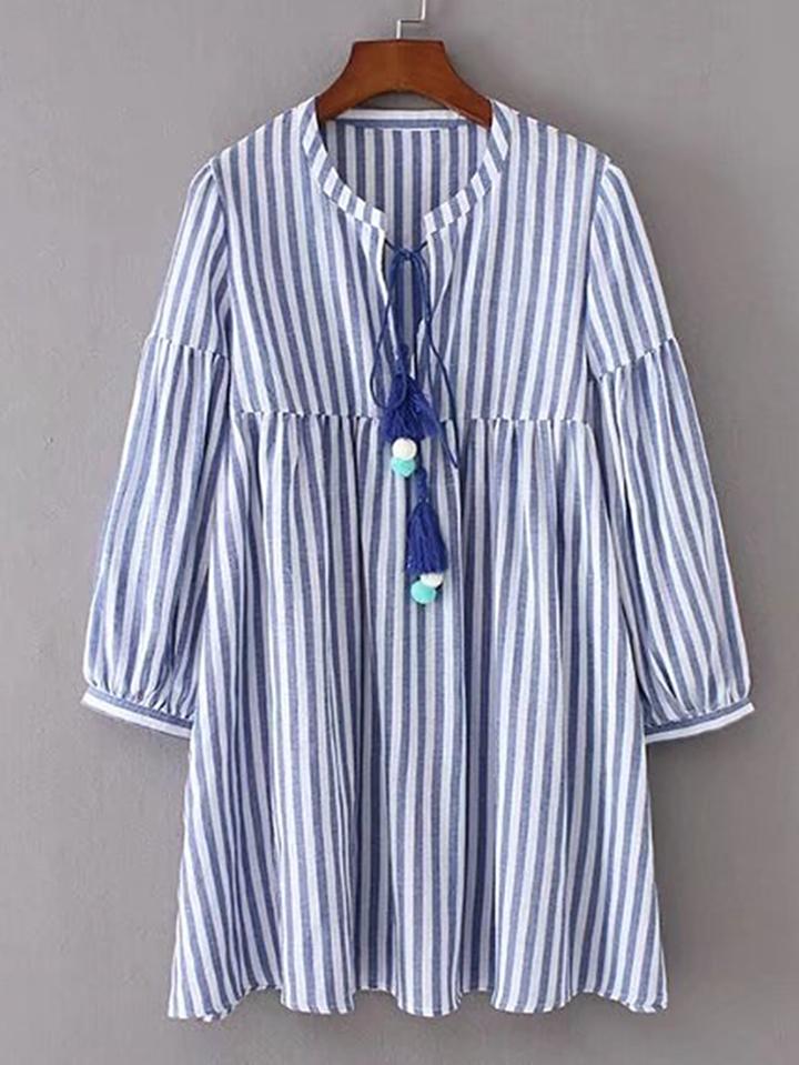Shein Vertical Striped Tassel Tie Dress With Pom Pom