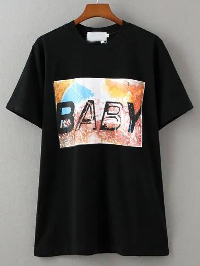 Shein Black Crew Neck Baby Print T-shirt