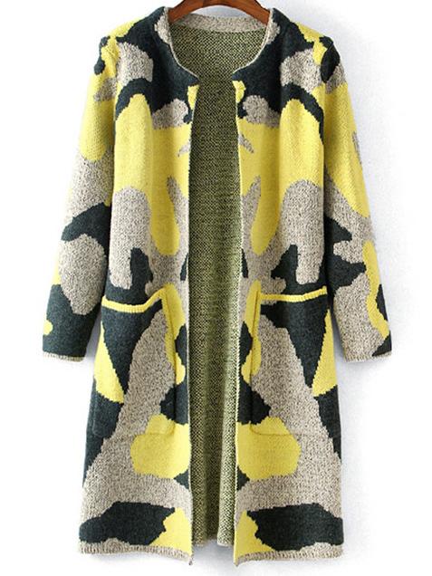 Shein Yellow Grey Camouflage Print Pockets Cardigan