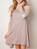 Shein Khaki Long Sleeve Contrast Lace Shift Dress