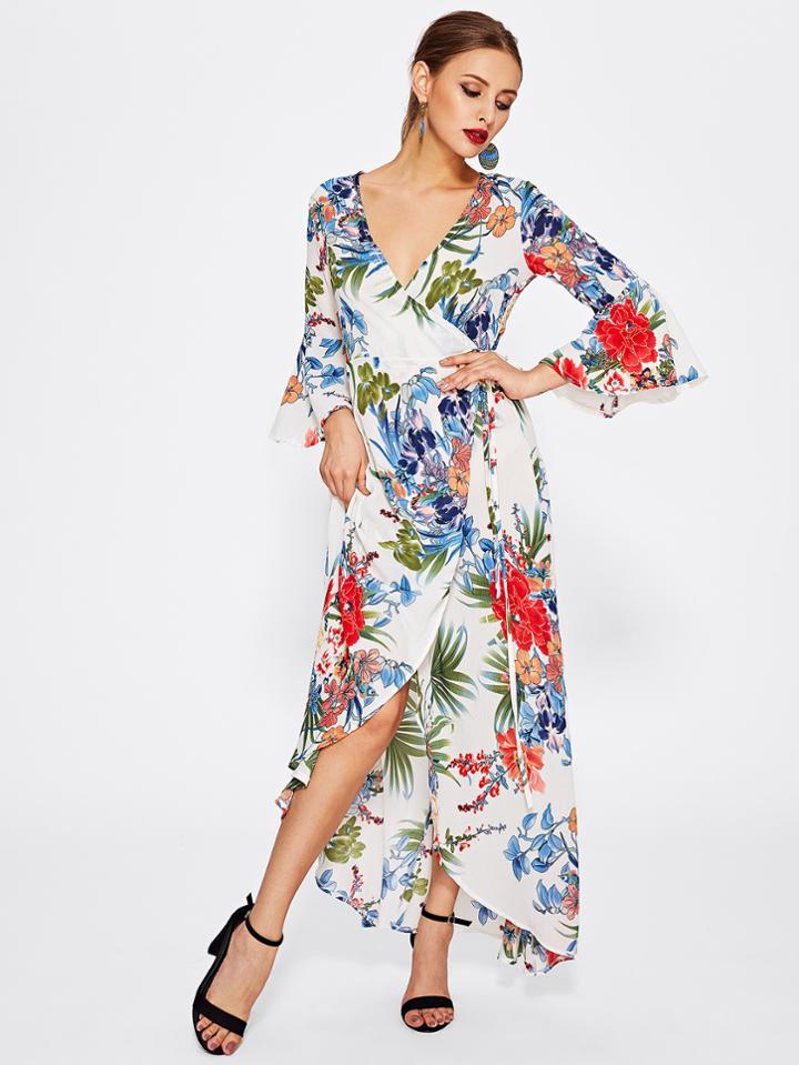 Shein Split Front Tie Waist Bell Sleeve Dress