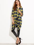 Shein Blue And Yellow Plaid Knot Front Long Blouse