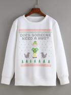 Shein White Round Neck Christmas Print Sweatshirt