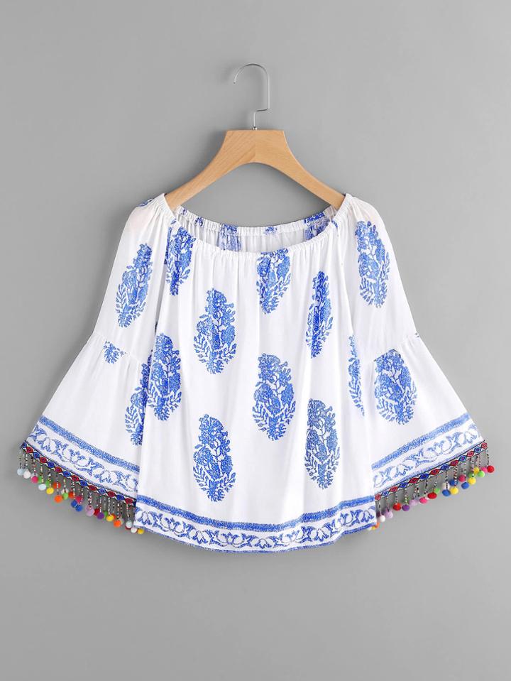 Shein Boat Neckline Printed Bell Sleeve Pom Pom Trim Top