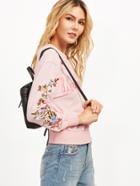 Shein Pink Letter And Floral Embroidered Sweatshirt
