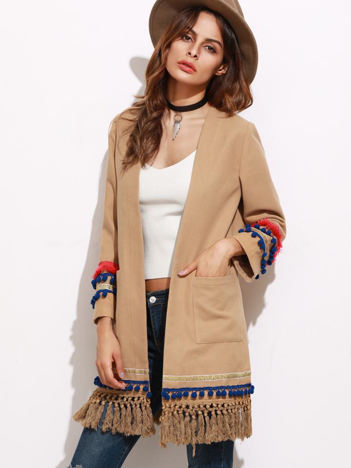 Shein Camel Knotted Fringe And Pom Pom Trim Open Front Coat