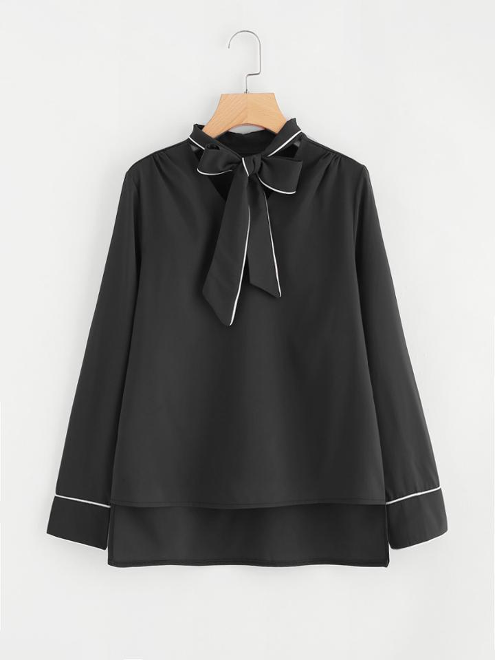 Shein Contrast Binding Tie Neck High Low Blouse