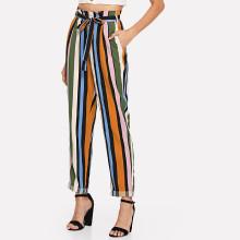 Shein Self Belted Rolled Up Hem Striped Pants