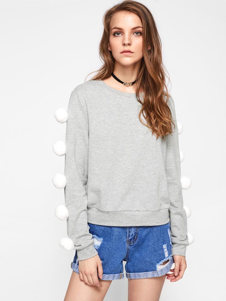 Shein Pom Pom Sleeve Heather Knit Sweatshirt