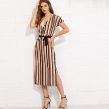 Shein Wrap Front Belted Striped Dress