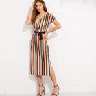 Shein Wrap Front Belted Striped Dress