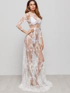 Shein White Flower Embroidered Sheer Mesh Maxi Dress