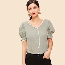 Shein Button Up Laser Trim Puff Sleeve Blouse