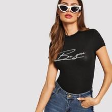Shein Embroidered Letter Form Fitting Tee