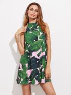 Shein Jungle Leaf Print V Cut Back Halter Trapeze Dress