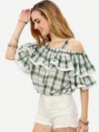 Shein Green Plaid Ruffled Cold Shoulder Top