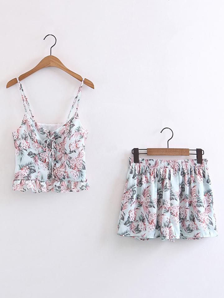 Shein Lace Up Ruffle Cami With Shorts Pajama Set