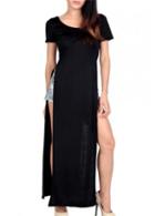 Rosewe Stylish Black Shirt Sleeve Slit Design Maxi Dress