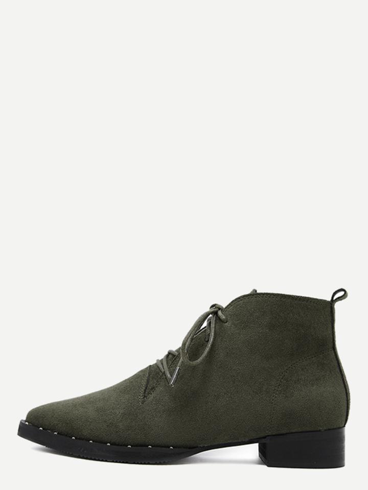 Shein Dark Green Suede Lace Up Pointed Ankle Boots