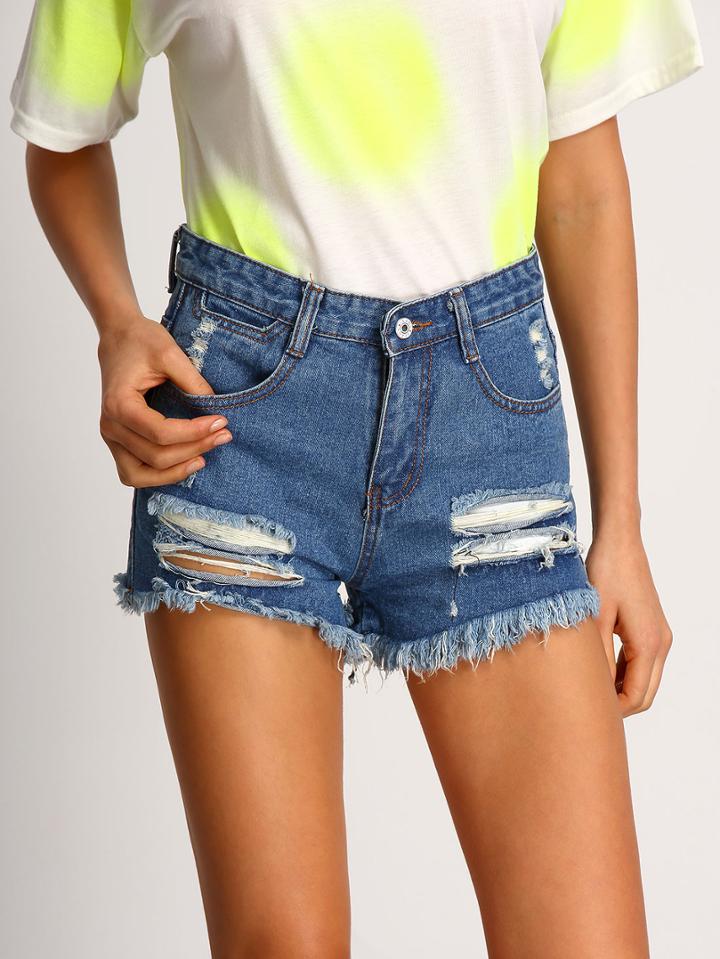 Shein Blue Ripped Frayed Denim Shorts