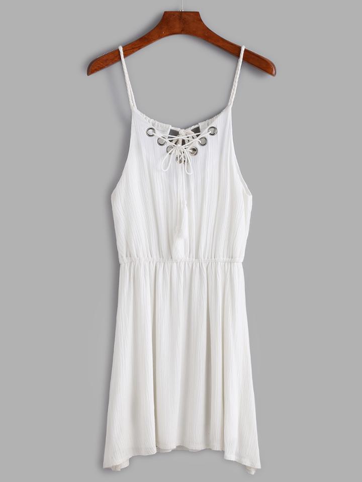 Shein White Eyelet Lace Up Tie Back Slip Dress