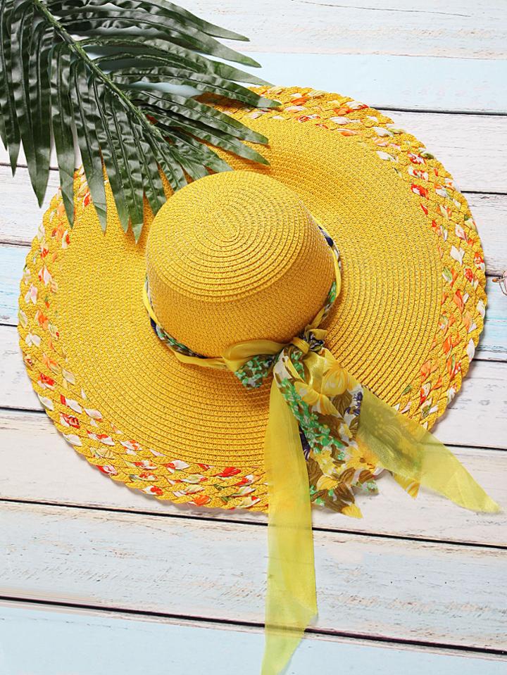 Shein Yellow Textured Wide Brim Sunhat With Bow Tie