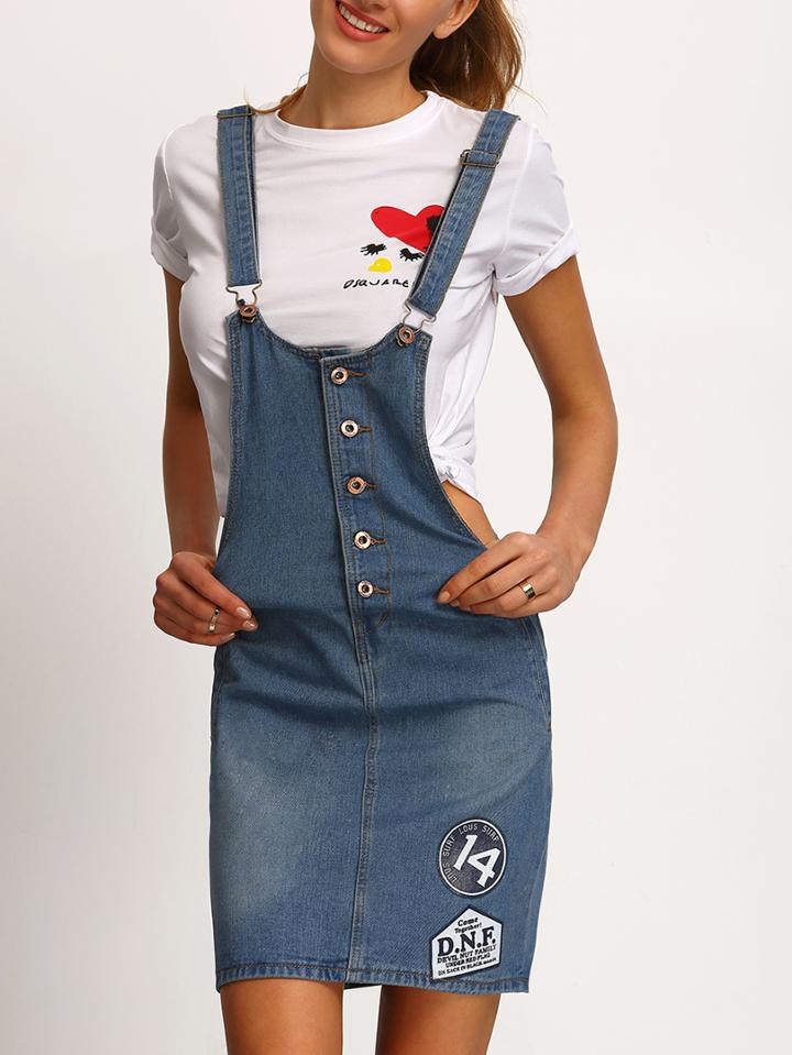 Shein Badge Print Buttoned Overall Denim Dress