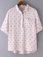 Shein Pink Lapel Polka Dots Dipped Hem Pocket Blouse