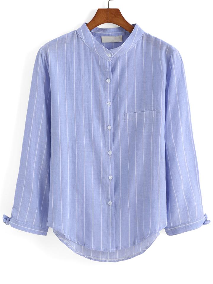 Shein Blue Stand Collar Vertical Stripe Blouse